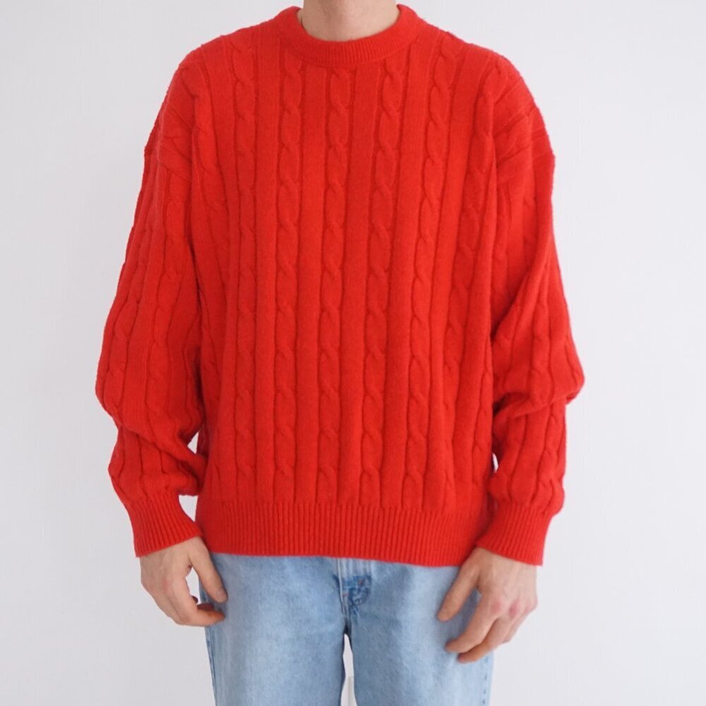 Vintage Grafton Red Cable Knit Crew Neck Minimalist Cottegecore Sweater Medium